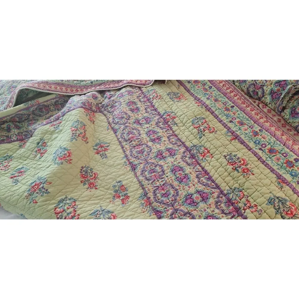 Soft Surroundings Cotton Quilt Reversible Green Purple Queen Sham Set